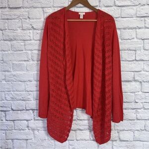 🌸2/$20 Chico's Womens Orange Red Open Waterfall Knit Cardigan Size 2